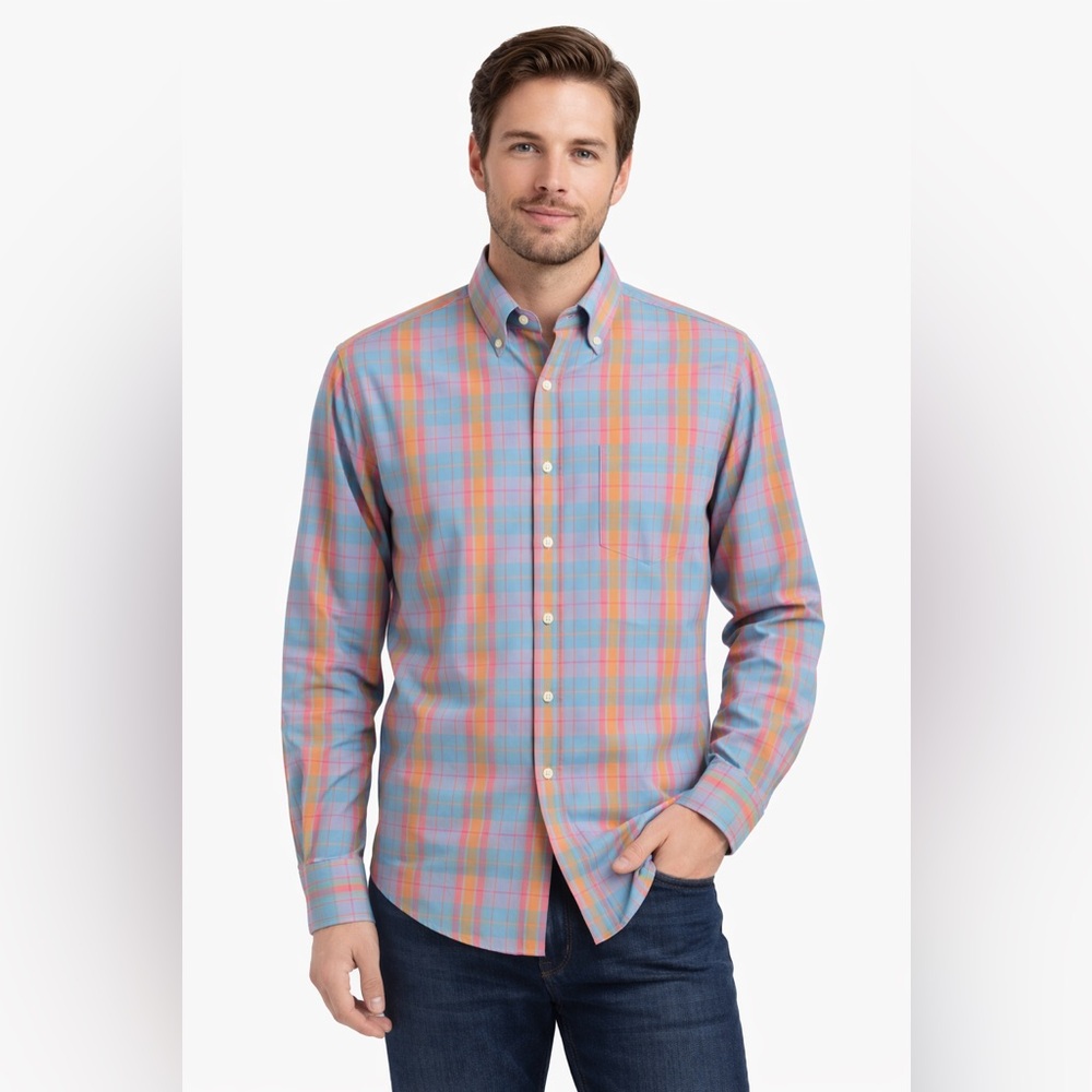 Classic Blue and Orange Plaid Button Down Shirt